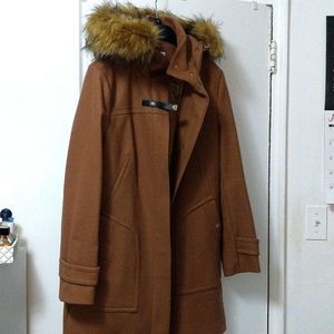 Cole Haan Signature Wool Blend Twill Duffle Jacket with Faux Fur Trimmed Hood